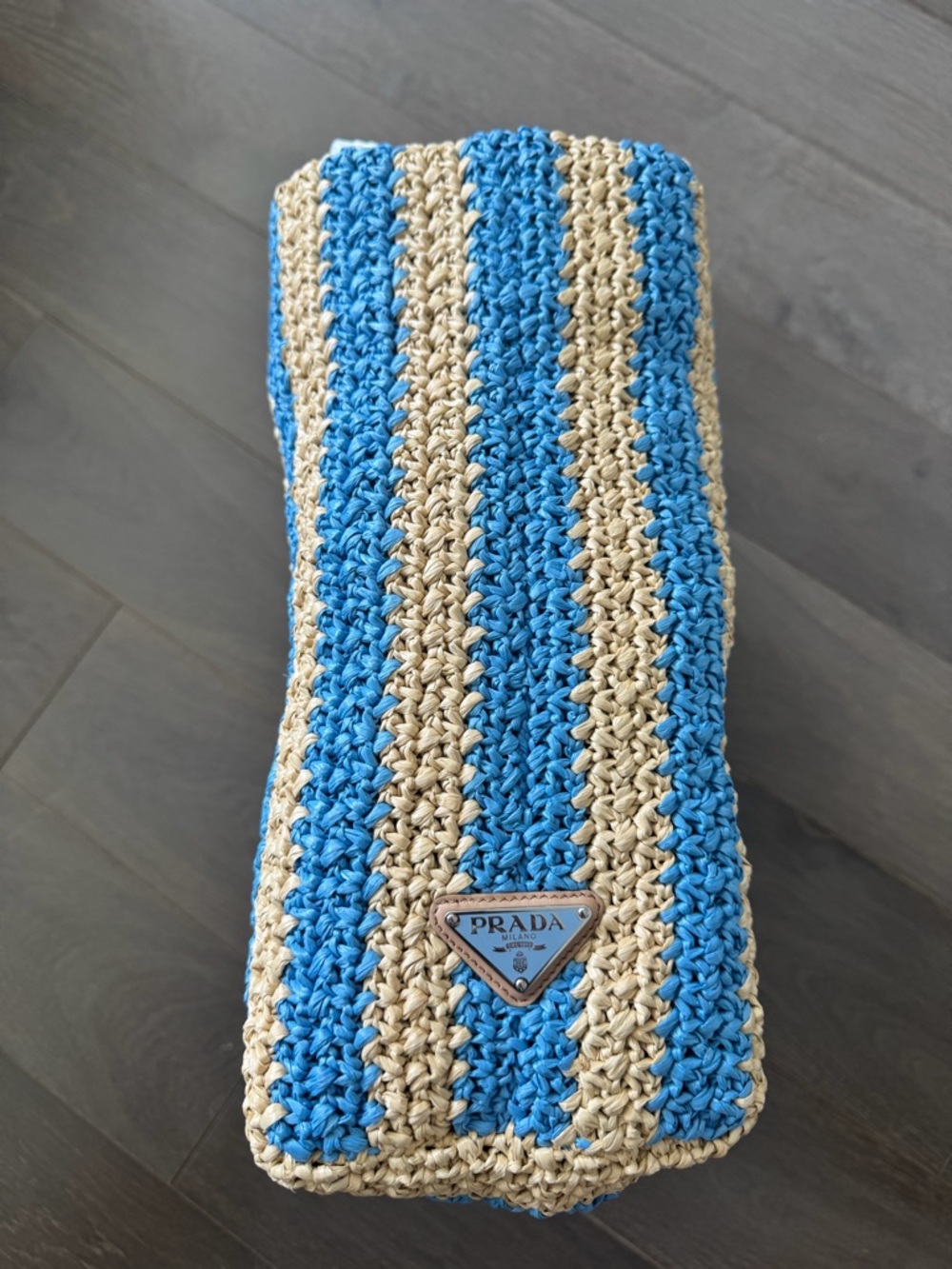 Prada Straw/Raffia Tote with Natural Beige and Light Blue Stripes - Picture 6 of 7